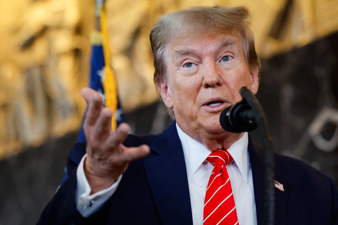 Former President Donald Trump talks to reporters at the International Brotherhood of Teamsters headquarters, in Washington, on Jan. 31, 2024. (Chip Somodevilla/Getty Images)